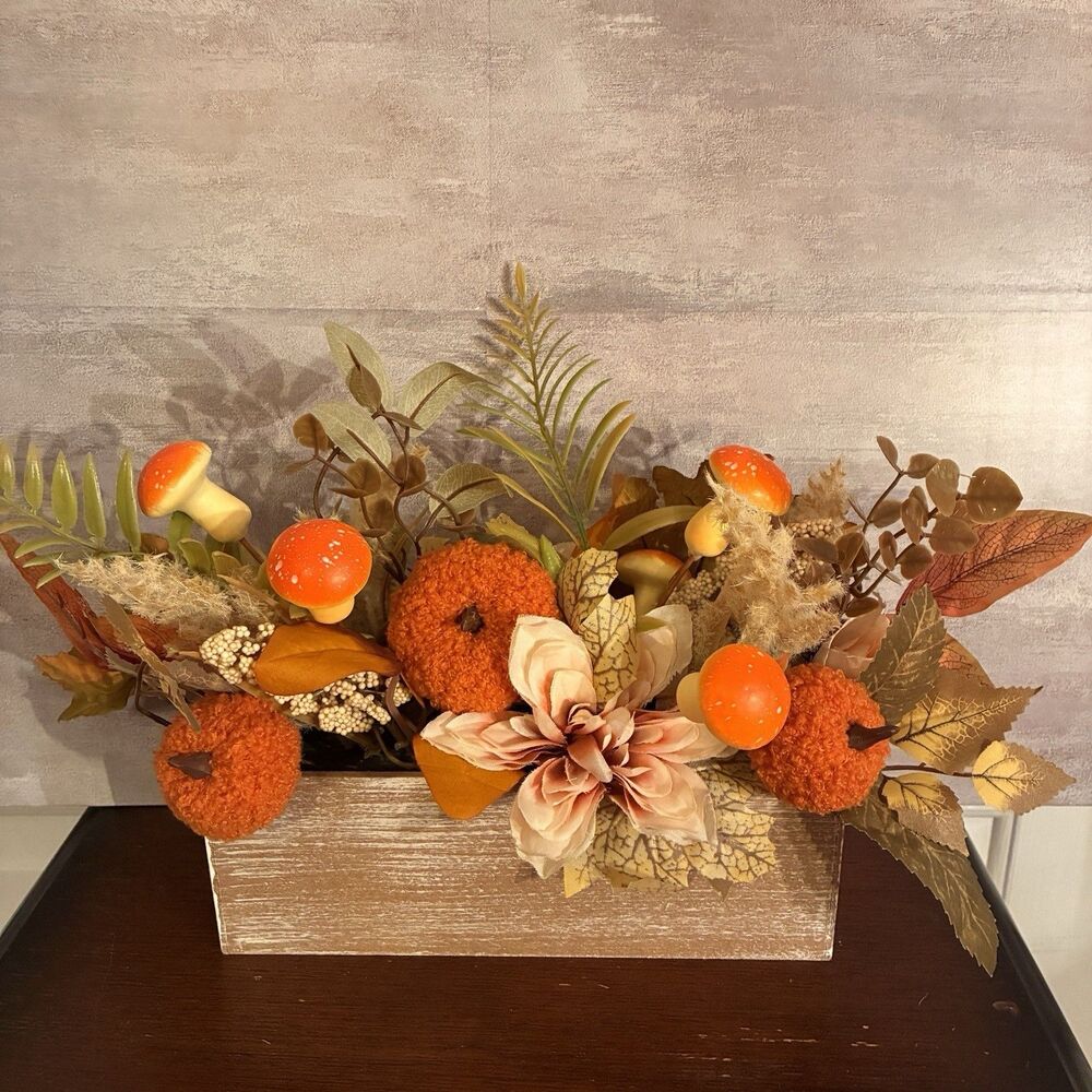 Fall Table Centerpiece W/ Pumpkins, Flowers, Greenery In Wood Box. 11”x4”. New